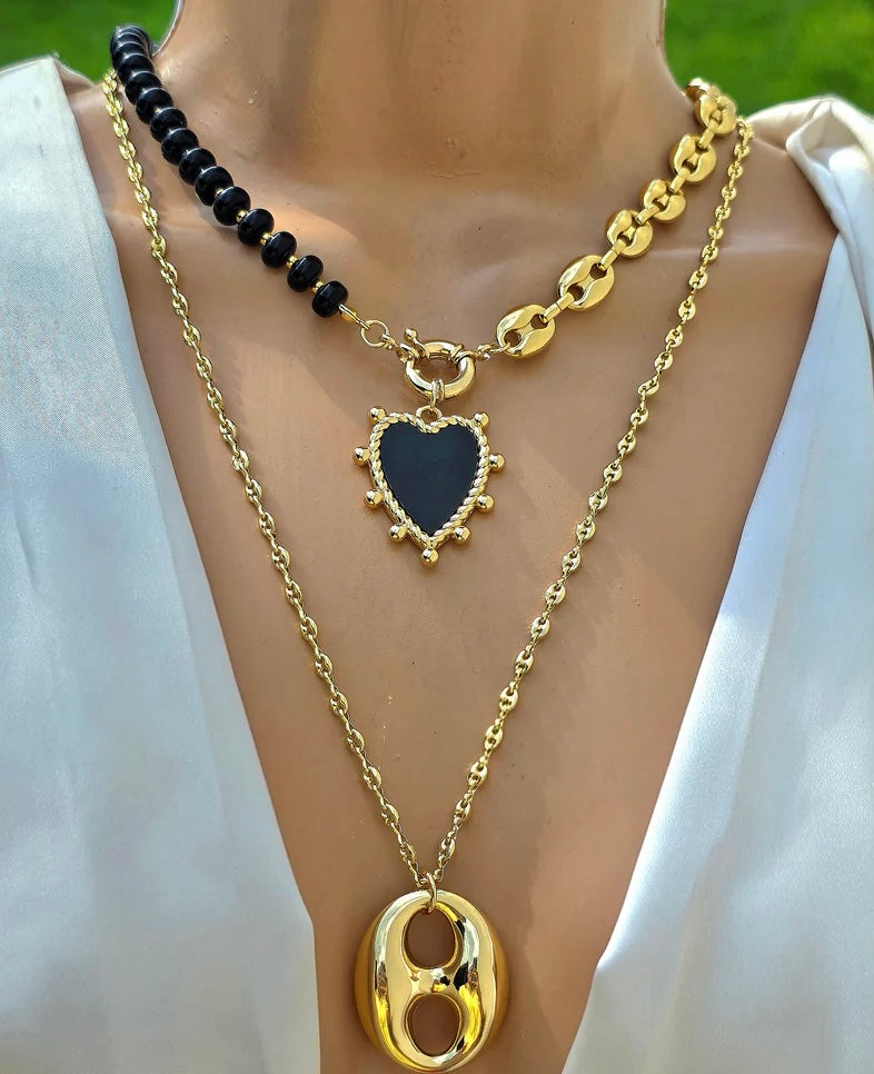 18k gold plated black heart and 30in coffee bean necklace