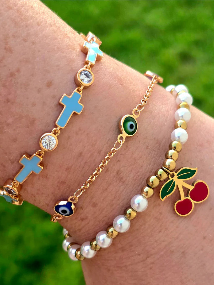 18k gold plated cross, evil eye and cherry bracelets