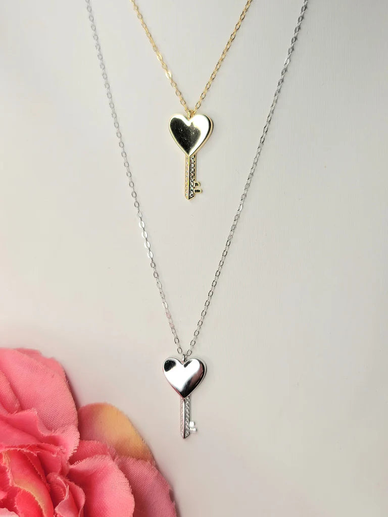 .925 Sterling silver and CZ heart key necklace