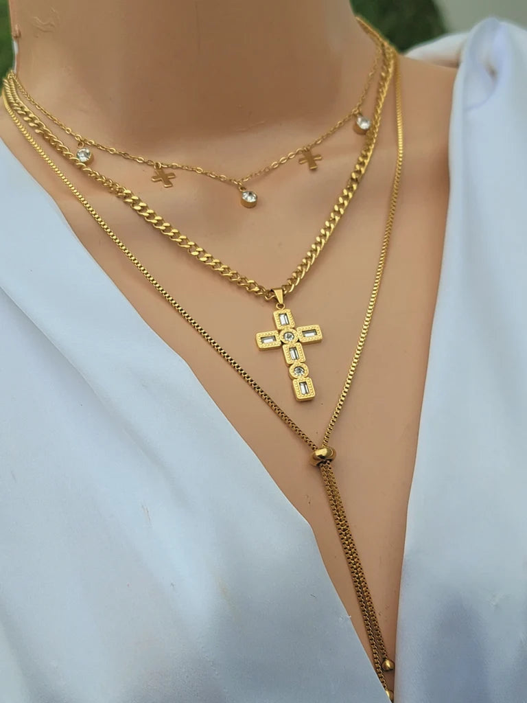 Stainless steel cross layered necklace set with earrings