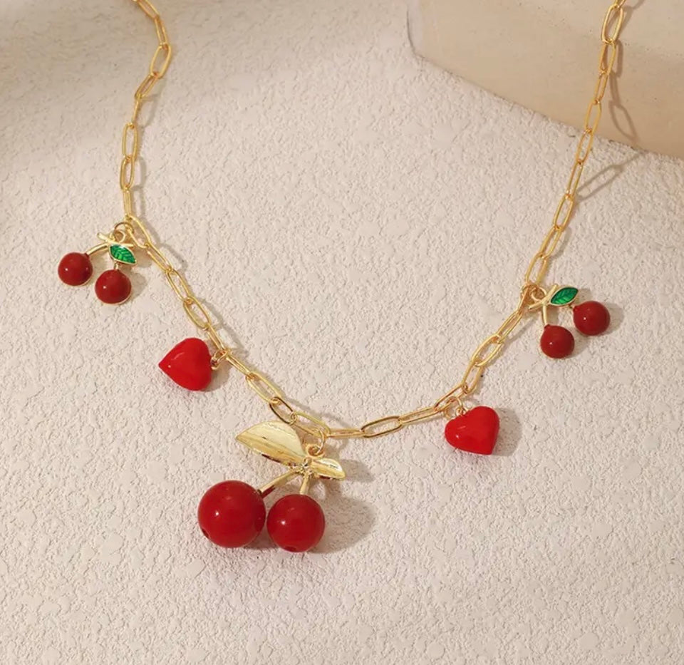 18k gold plated cherry and hearts necklaces with bracelet set