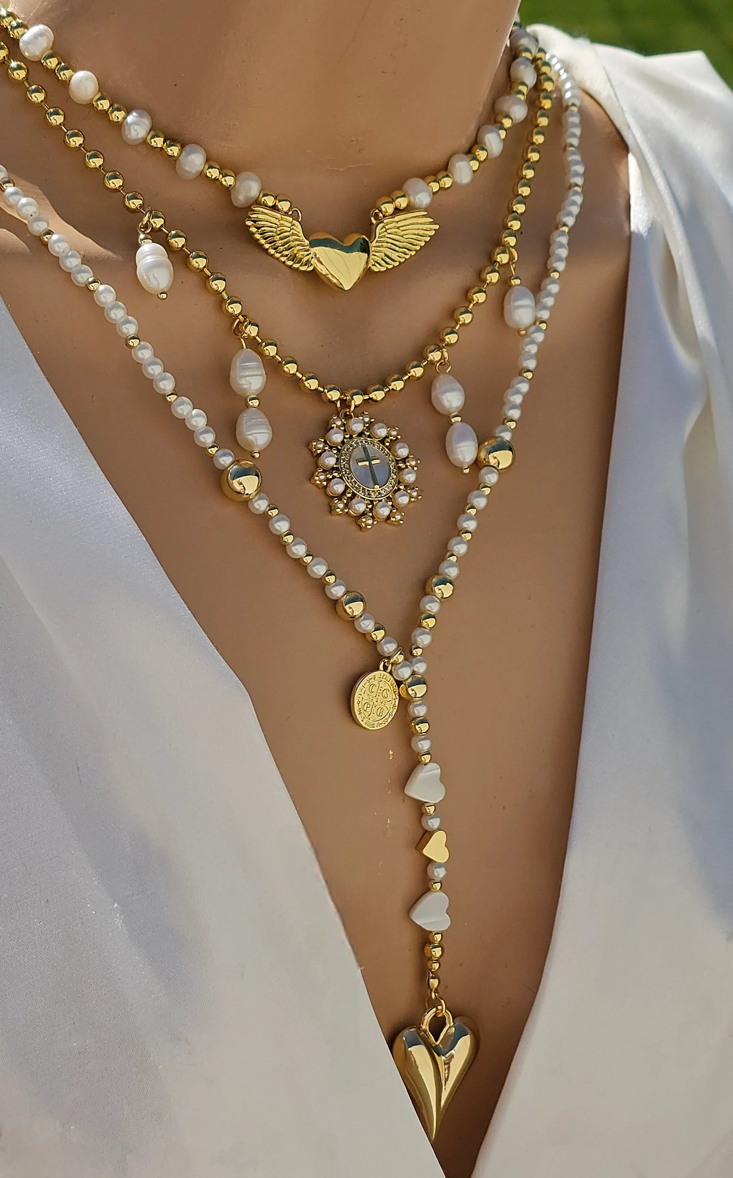 18k gold plated wings heart, cross and hearts necklaces