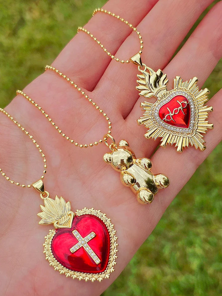 18k gold plated sacred heart and bear necklaces