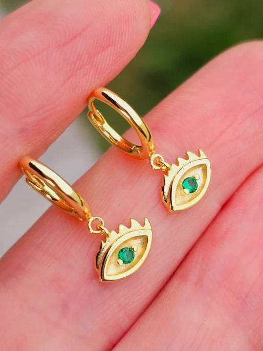 .925 sterling silver green evil eye hoop earrings