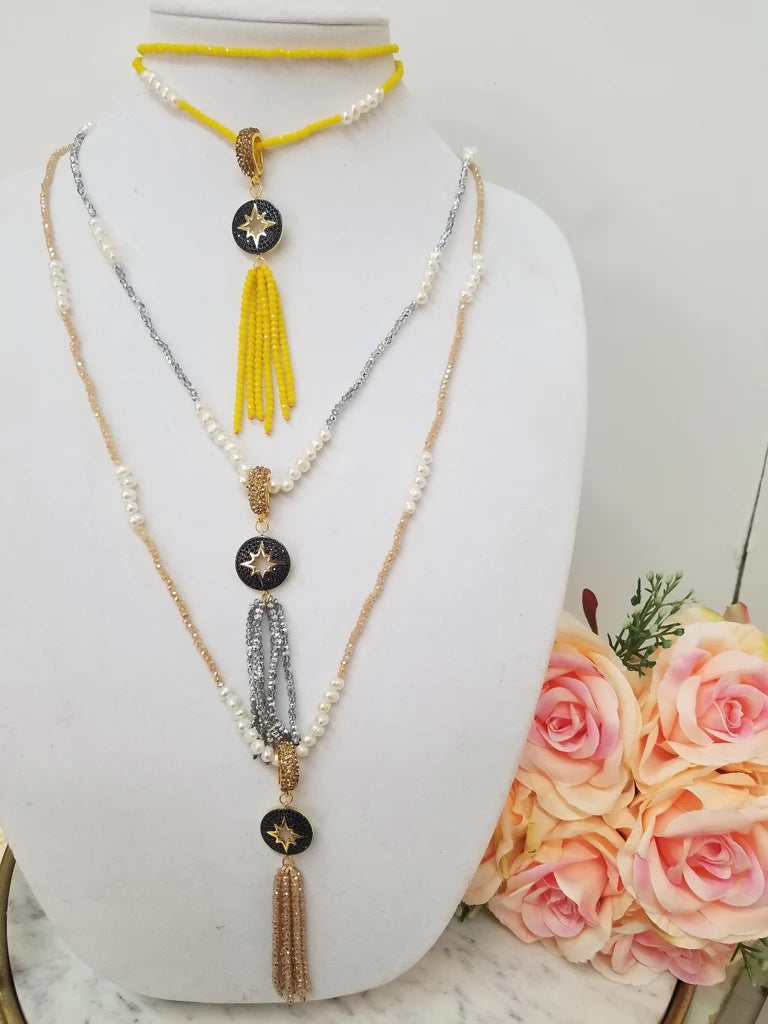 Freshwater Pearl and crystal with EyeTassel Necklace
