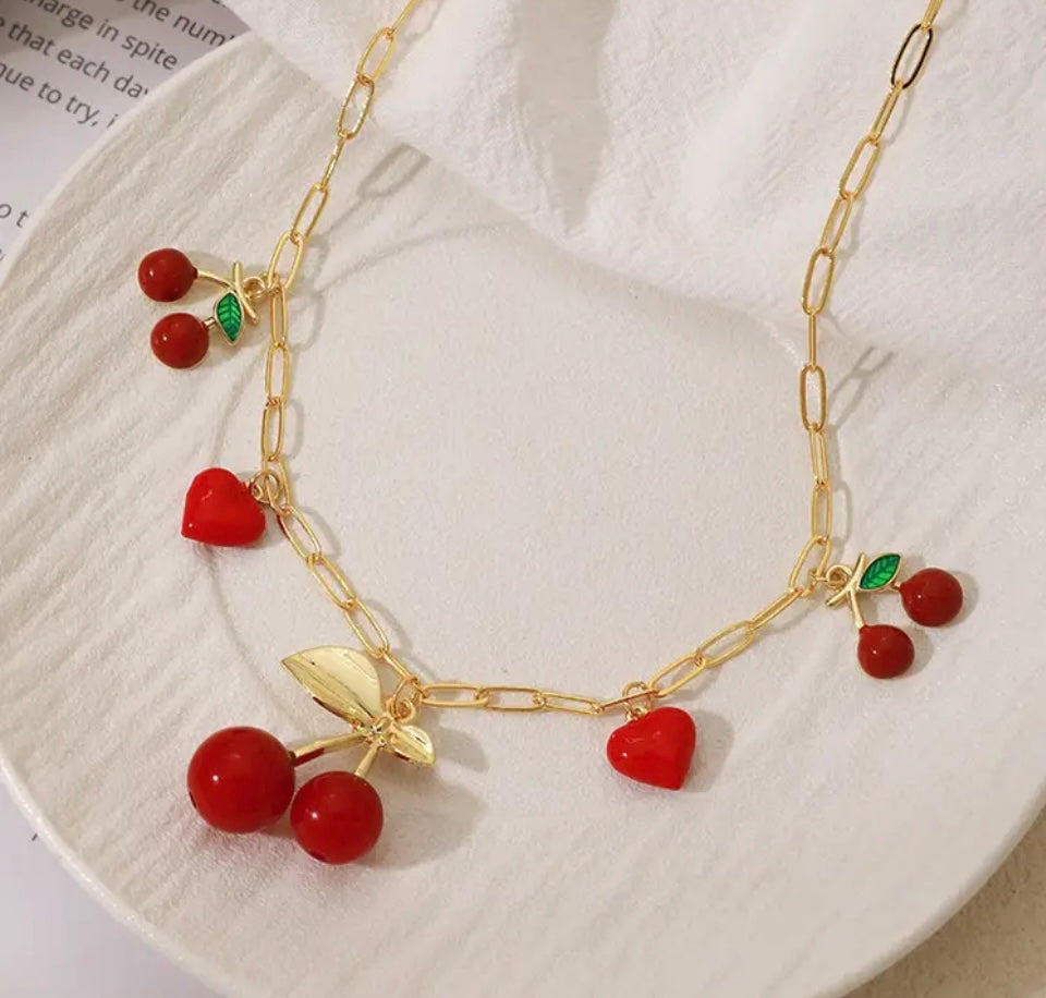 18k gold plated cherry and hearts necklaces with bracelet set