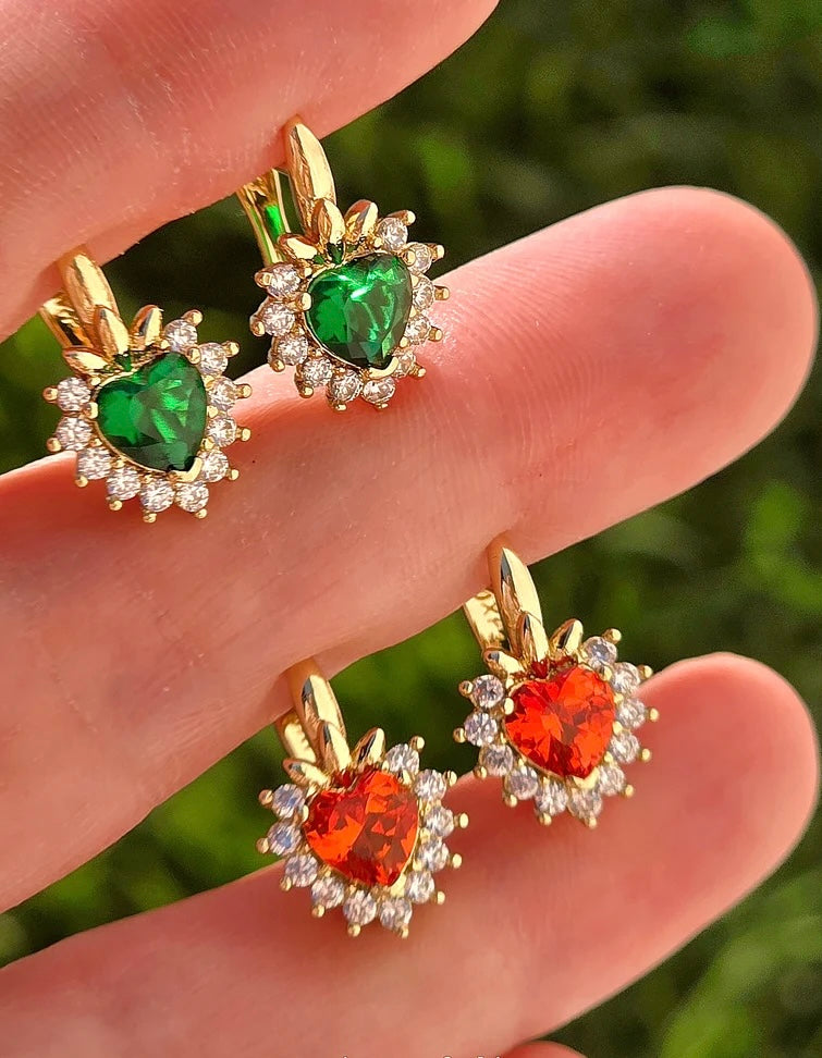 18k gold plated Crystal dangling heart hoops