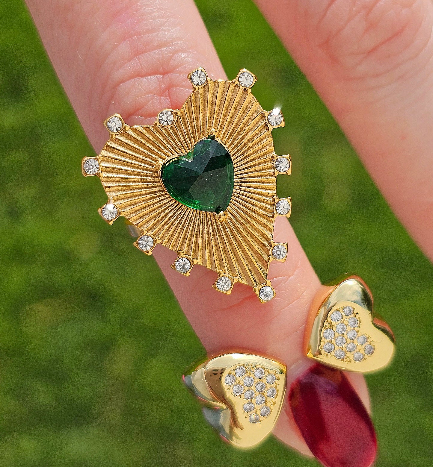 18k gold plated Cz double heart sacred heart ring