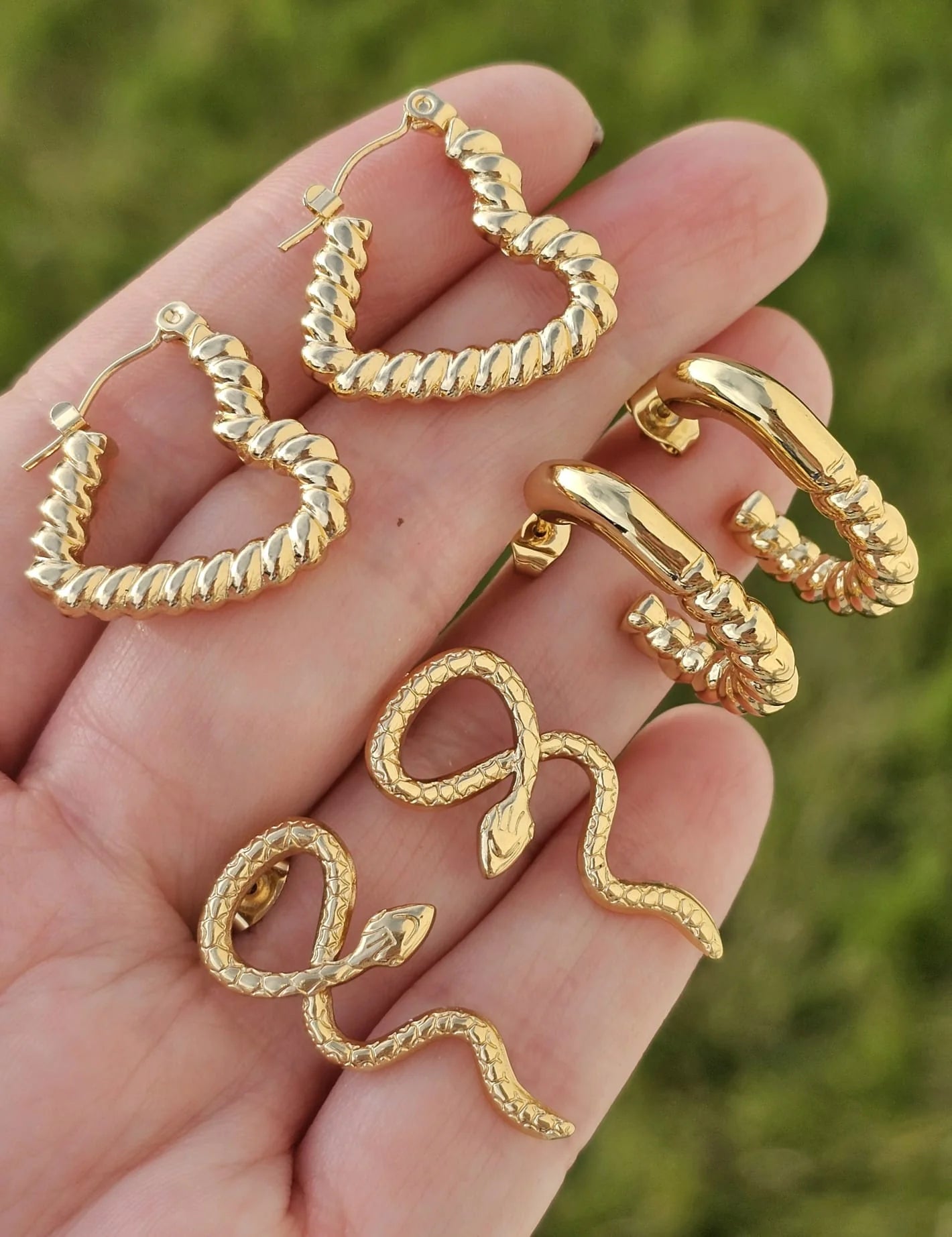 18k gold plated heart, snake, braided earrings