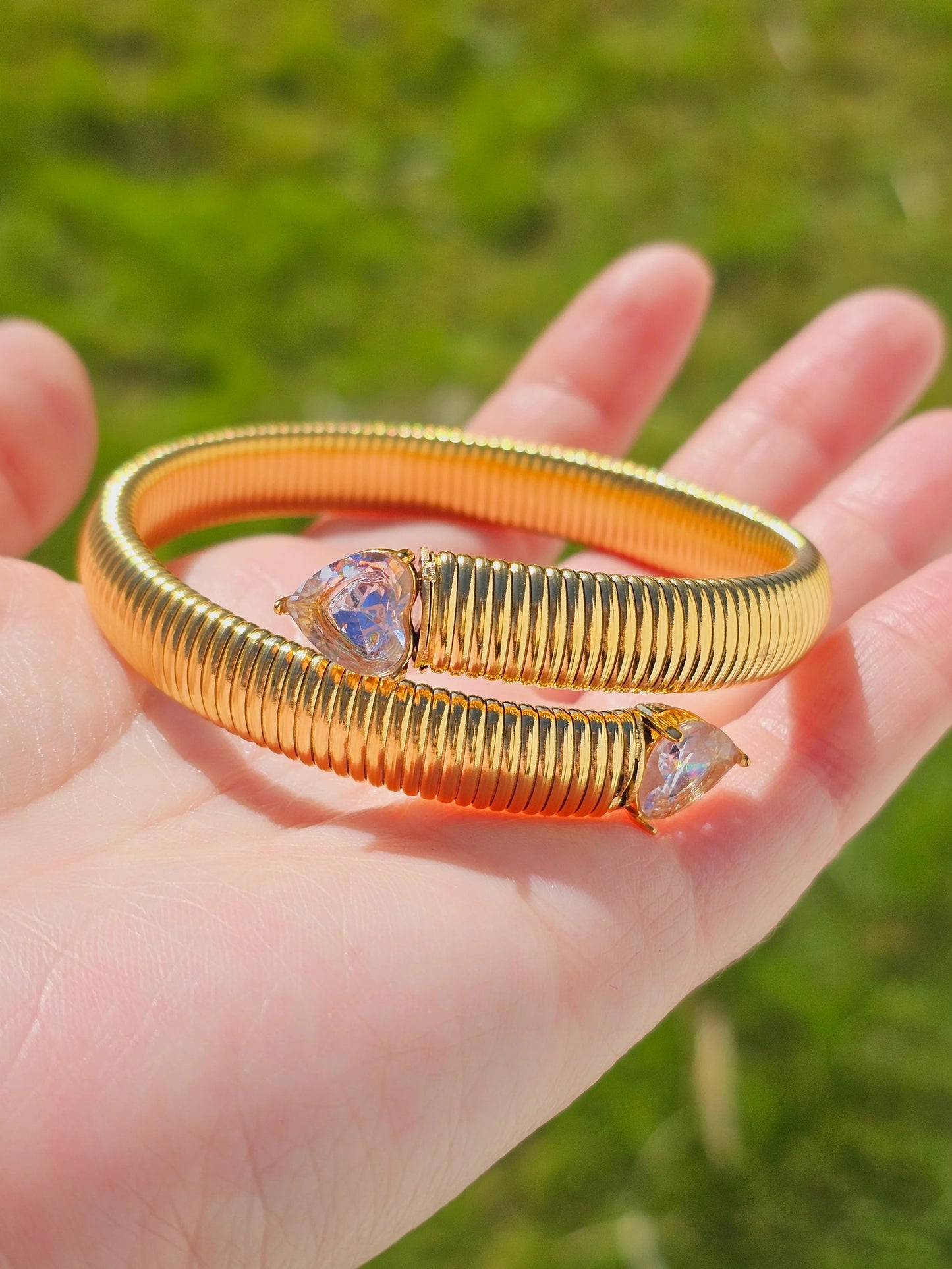 Stainless steel CZ heart bangle