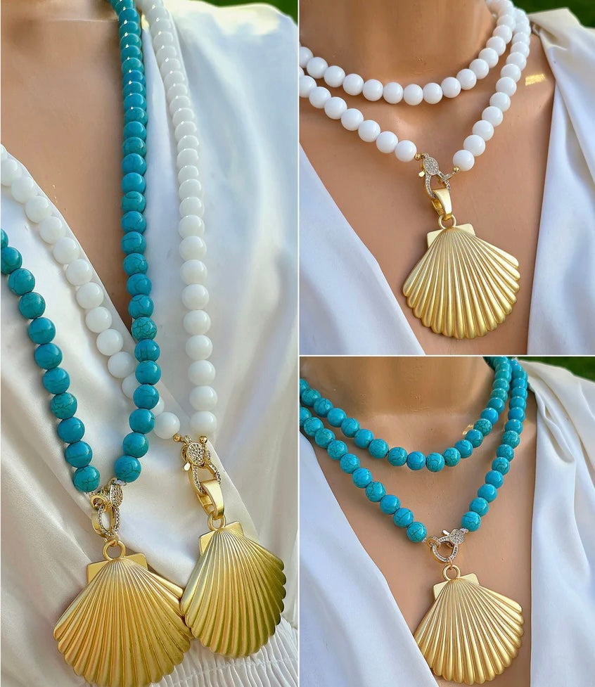 18k gold plated 36in long natural stones and shell pendant necklaces