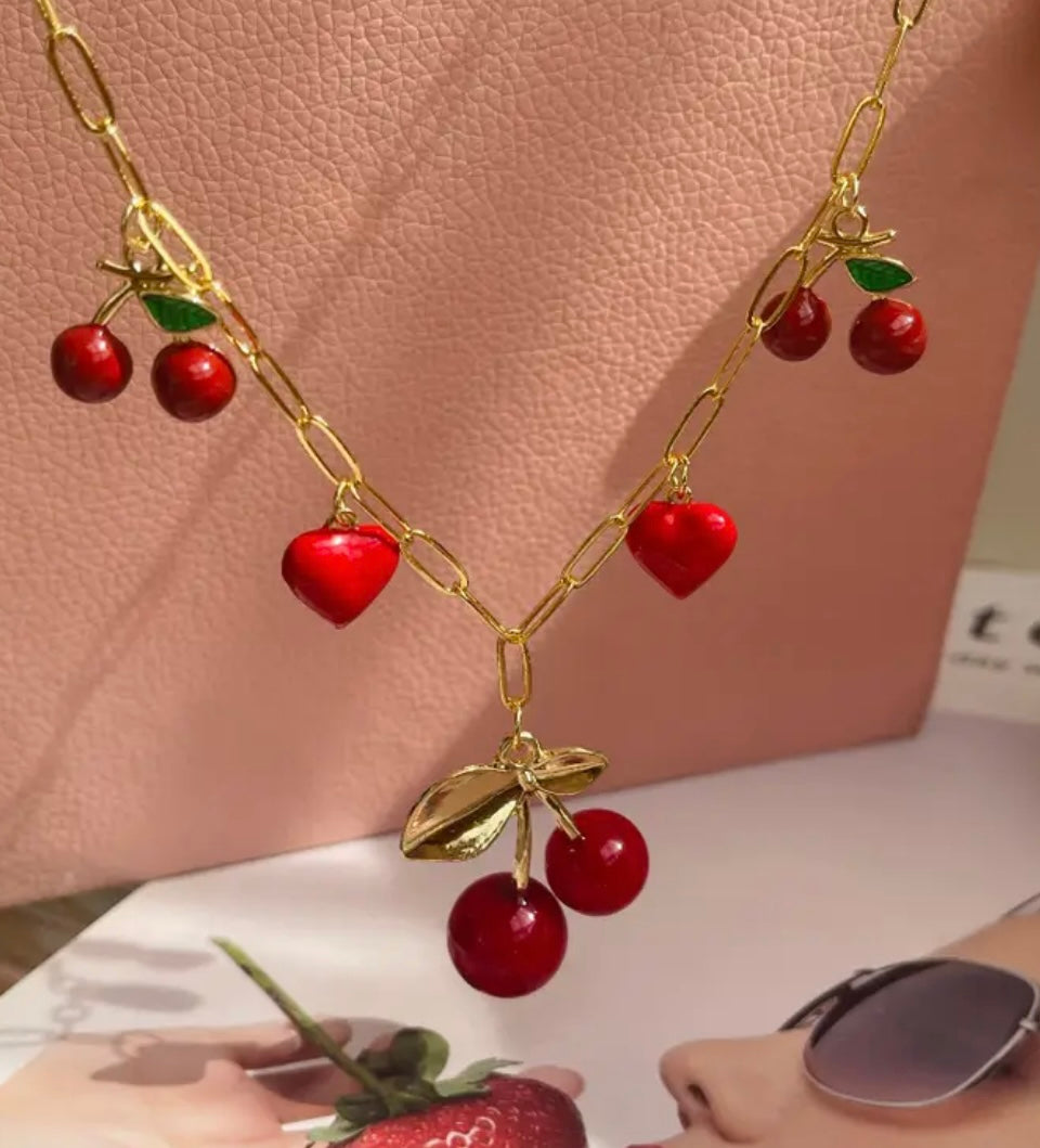 18k gold plated cherry and hearts necklaces with bracelet set