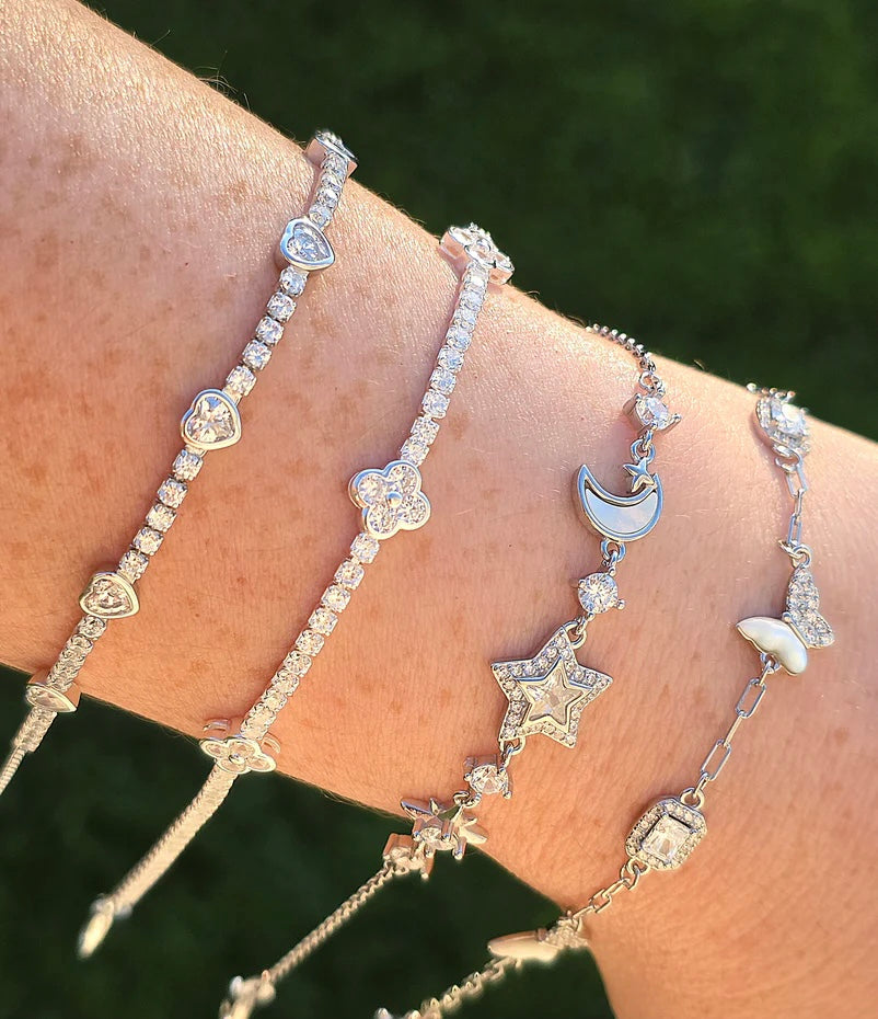 .925 Sterling silver CZ clover, heart, moon and butterfly bracelets