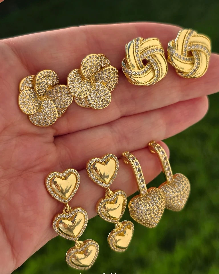 18k gold plated hearts, flower and knot earrings