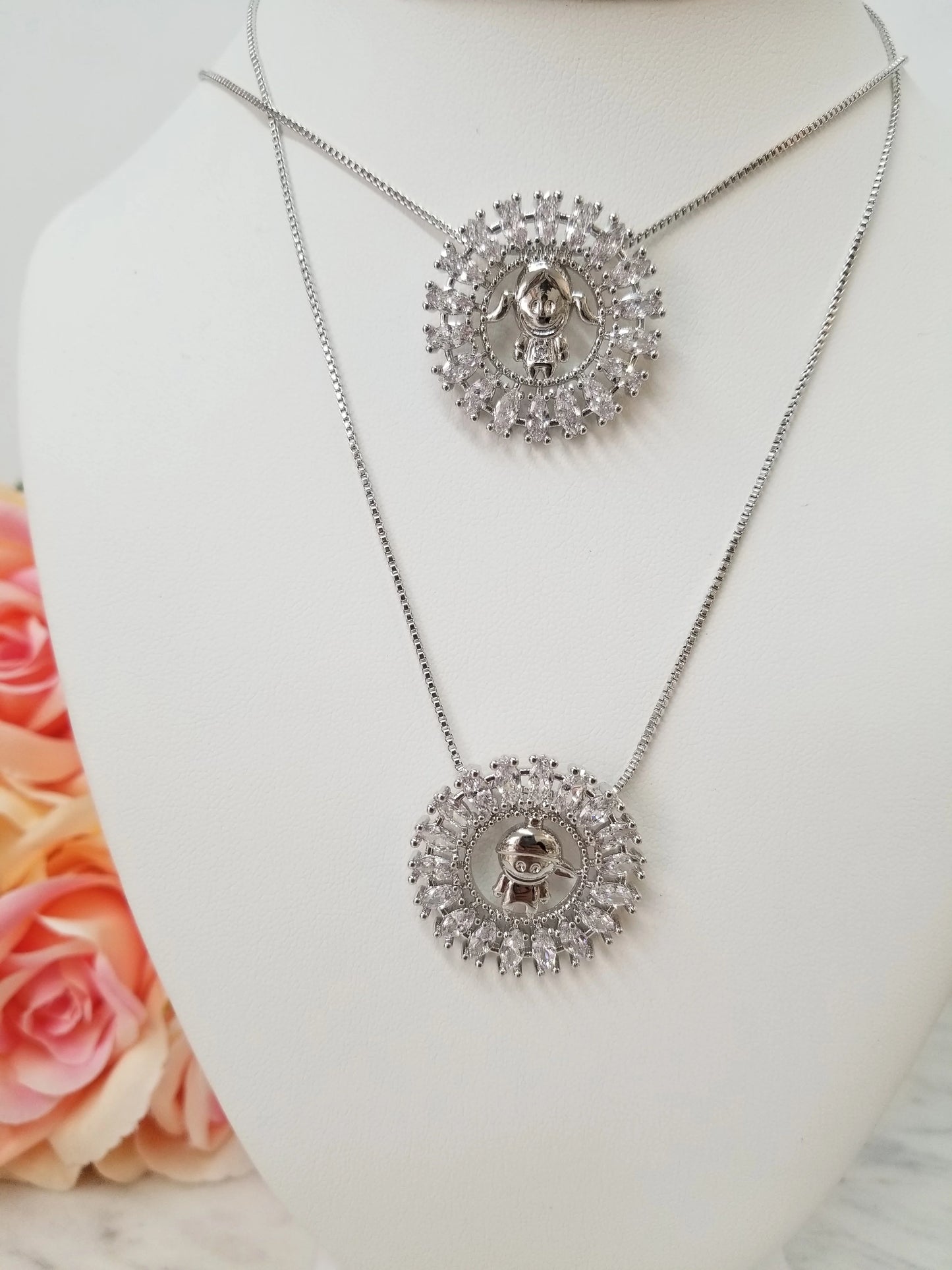 Fashion Brass Rhodium Plated Boy or Girl Necklace with Zirconia