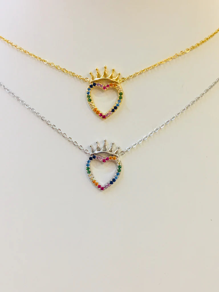 .925 Sterling Silver Multicolor Heart With Crown Necklace