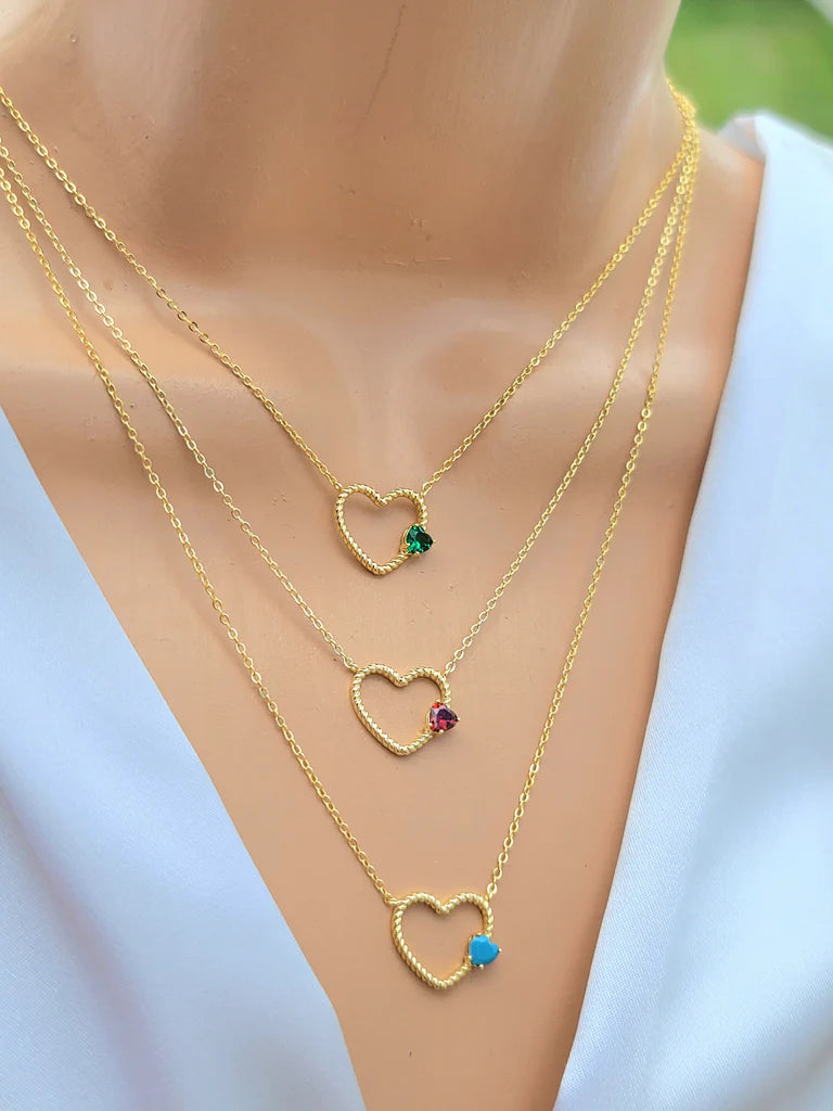 .925 sterling silver open heart with a small color heart necklaces