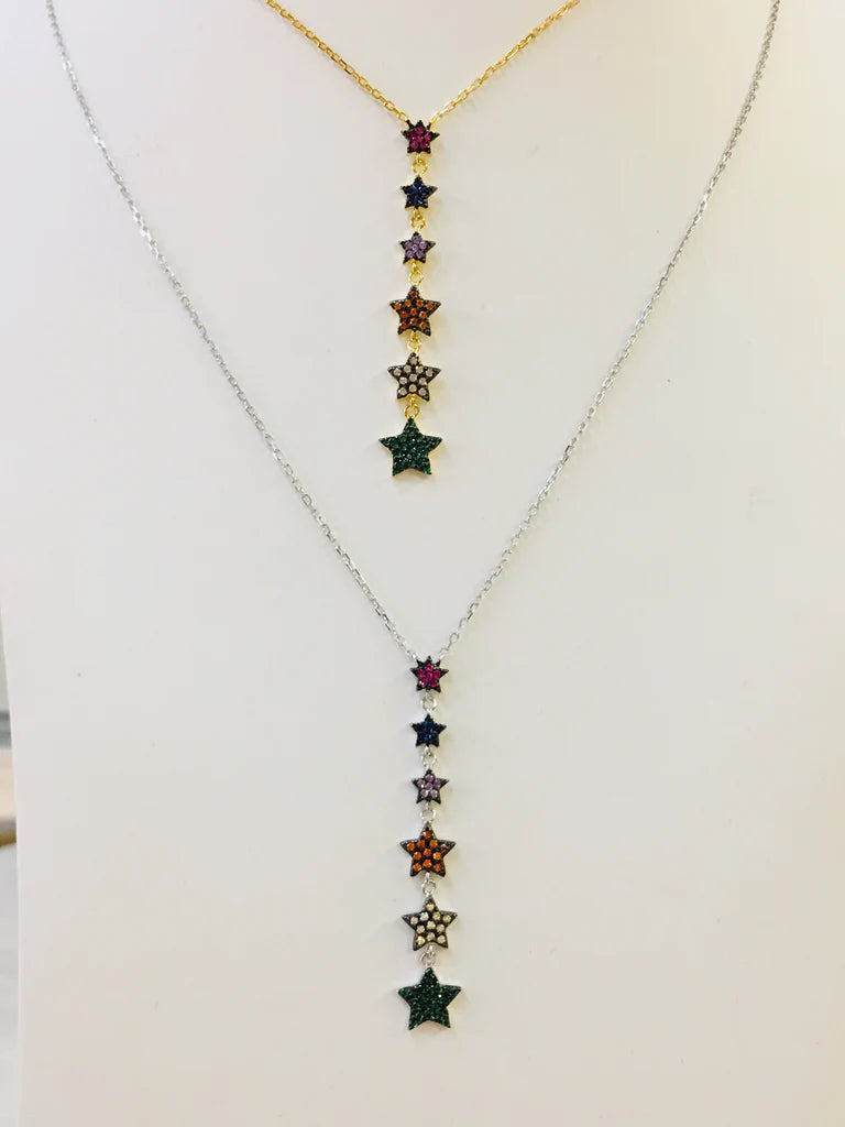 .925 Sterling Silver Colorful Dangling Stars Necklace