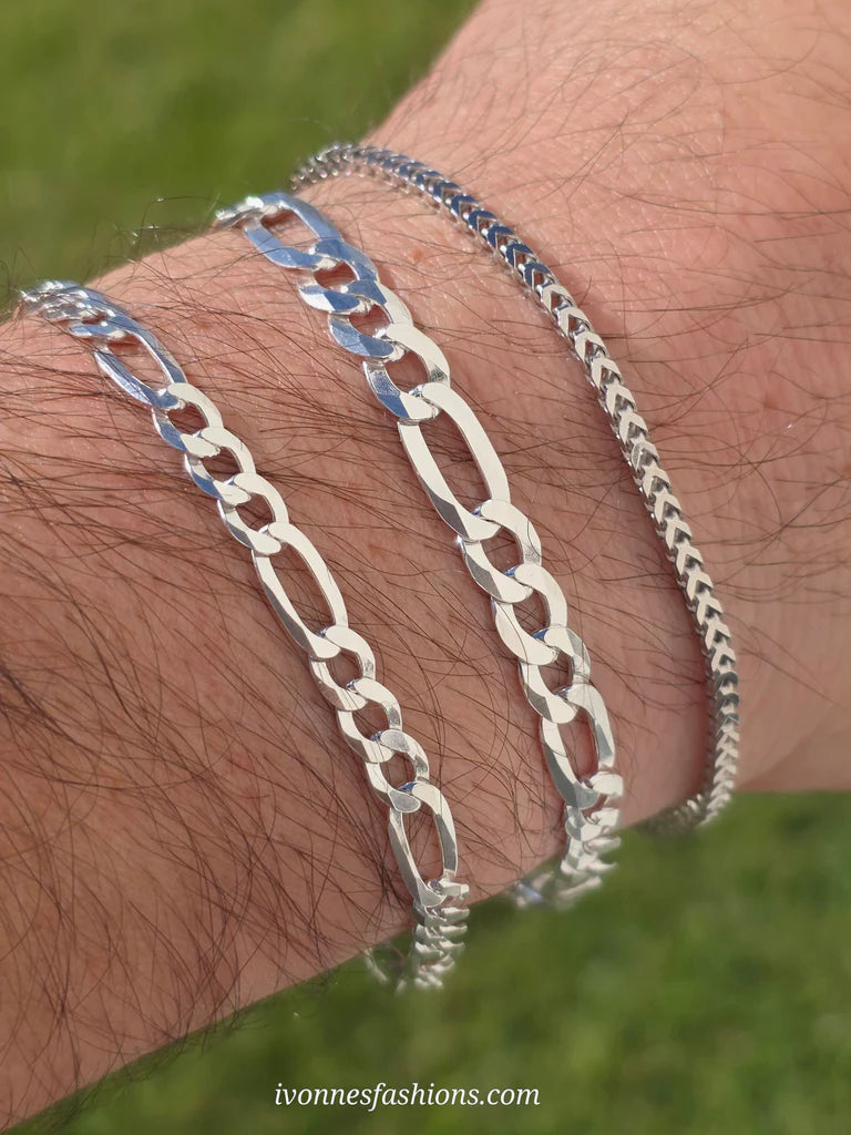 .925 sterling silver unisex Franco and Figaro chain bracelets