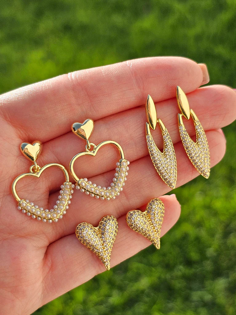 18k gold plated cz, pearls heart and CZ heart earrings