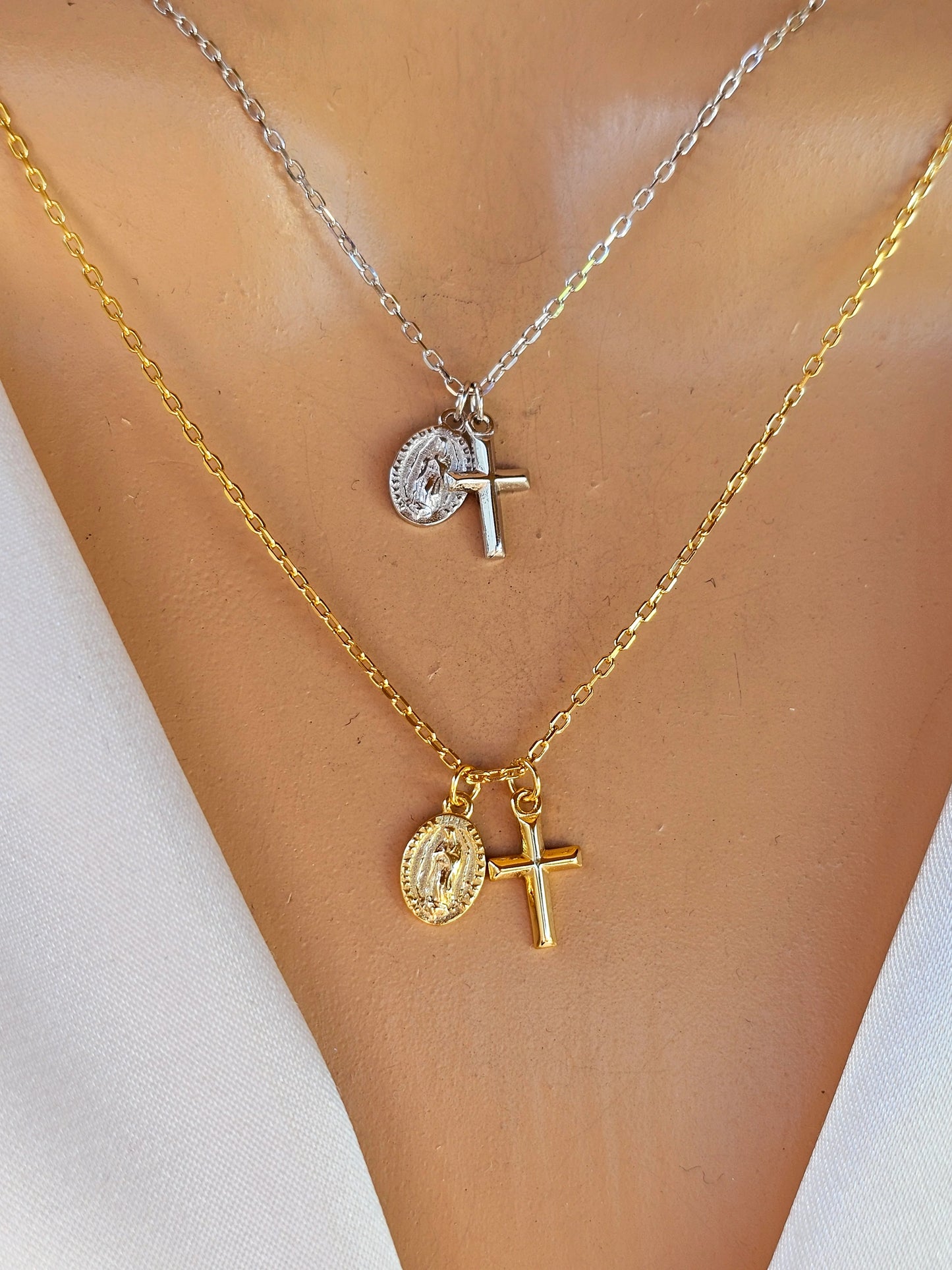 .925 Sterling silver Lady of Guadalupe and cross necklaces