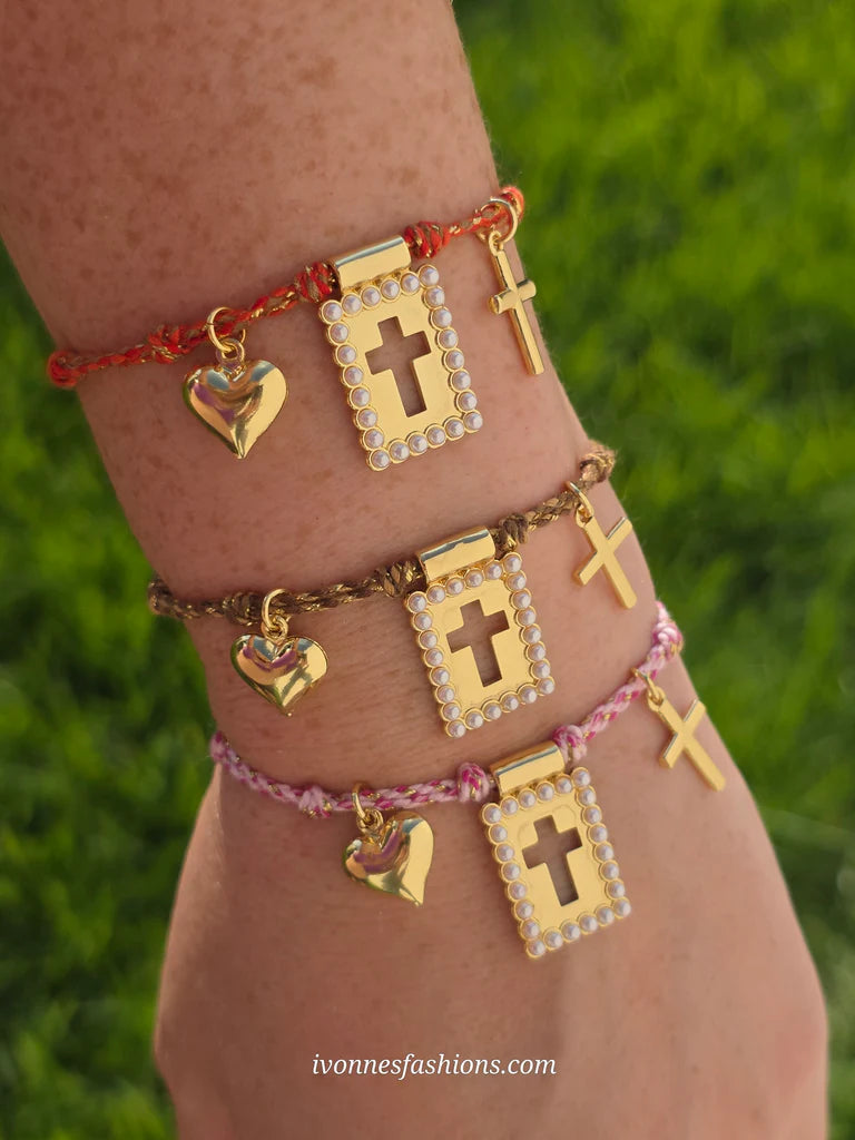 18k gold plated dangling cross and heart adjustable bracelets