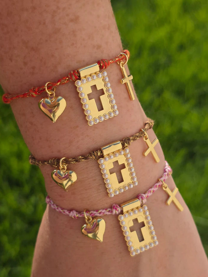 18k gold plated dangling cross and heart adjustable bracelets