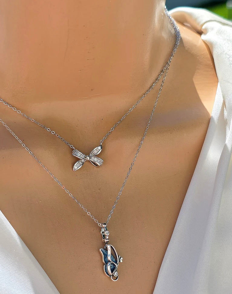 .925 Sterling silver blue butterfly and bow necklace