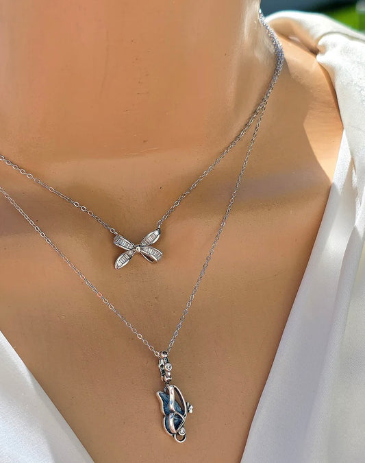 .925 Sterling silver blue butterfly and bow necklace