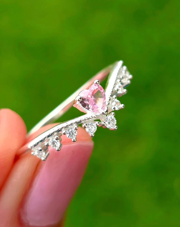 .925 sterling silver pink heart crown CZ ring (size 9)