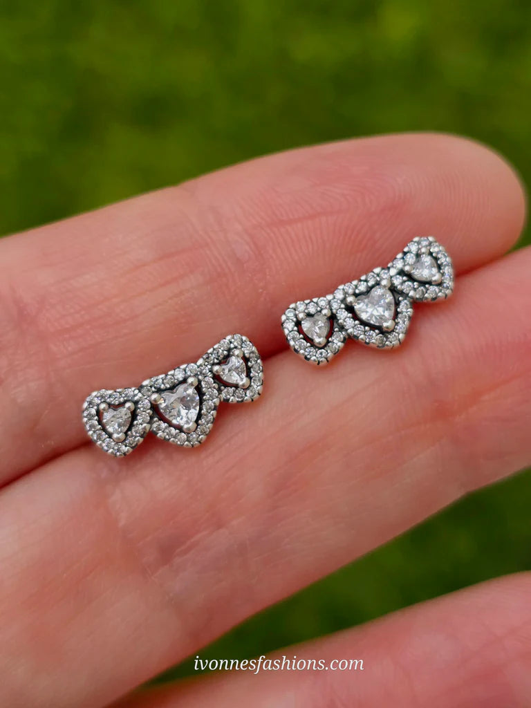 .925 Sterling silver CZ 3 hearts earrings
