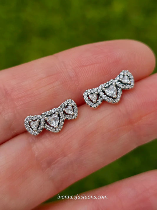 .925 Sterling silver CZ 3 hearts earrings