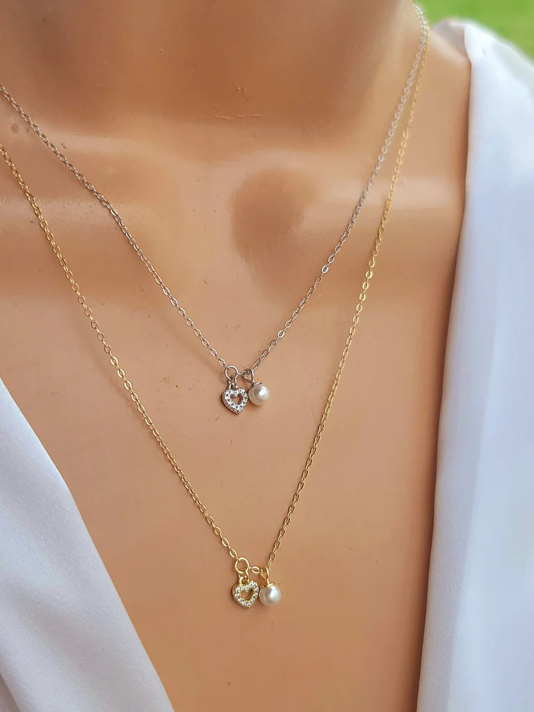 .925 sterling silver dainty heart and pearl necklaces
