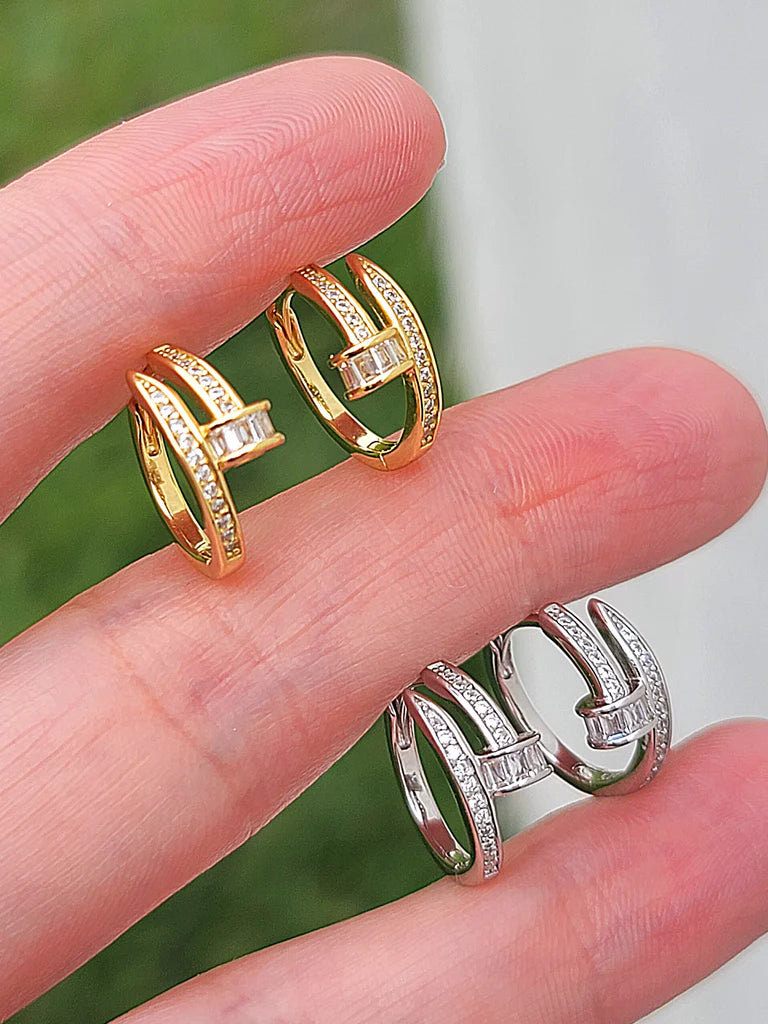 .925 sterling silver and CZ nail hoop earrings