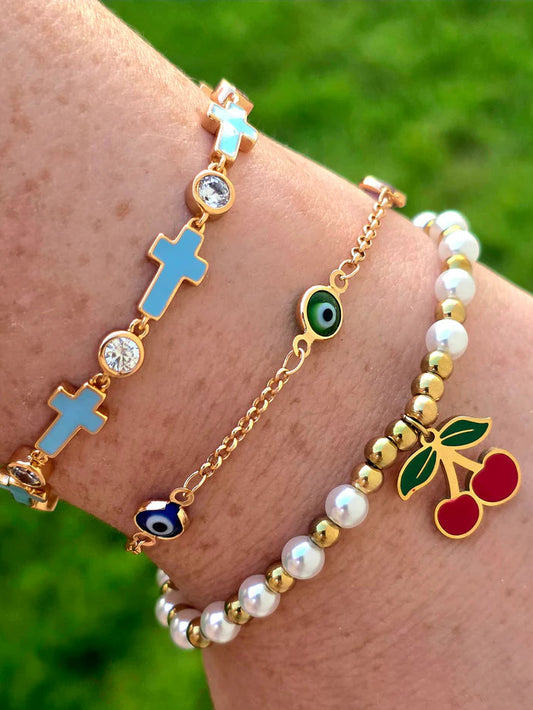 18k gold plated cross, evil eye and cherry bracelets