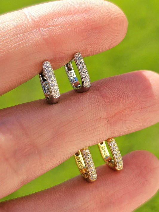 .925 Sterling silver 10mm CZ rectangular hoop earrings
