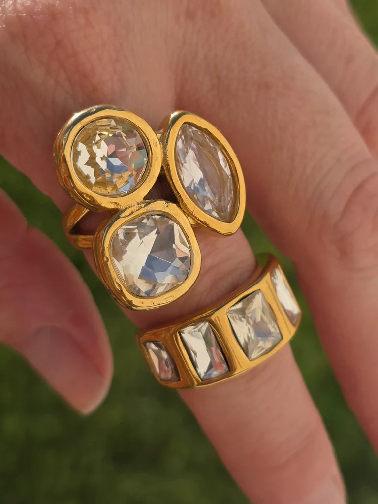 Stainless steel and crystals statement ring