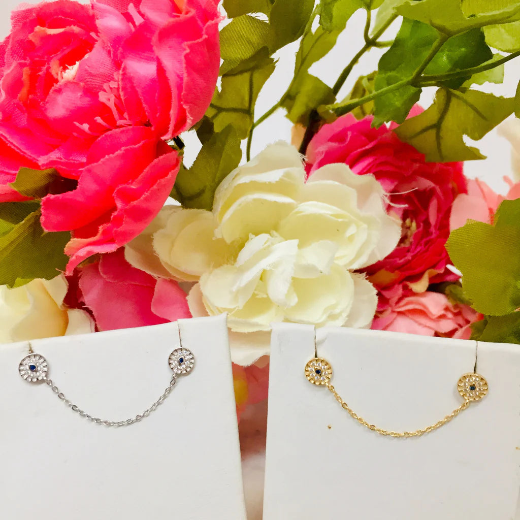 .925 Sterling Silver evil eye chain earrings