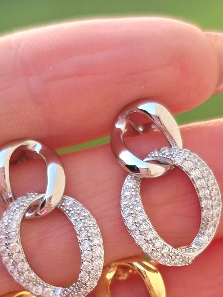 . 925 Sterling silver and CZ doble circle dangling earrings