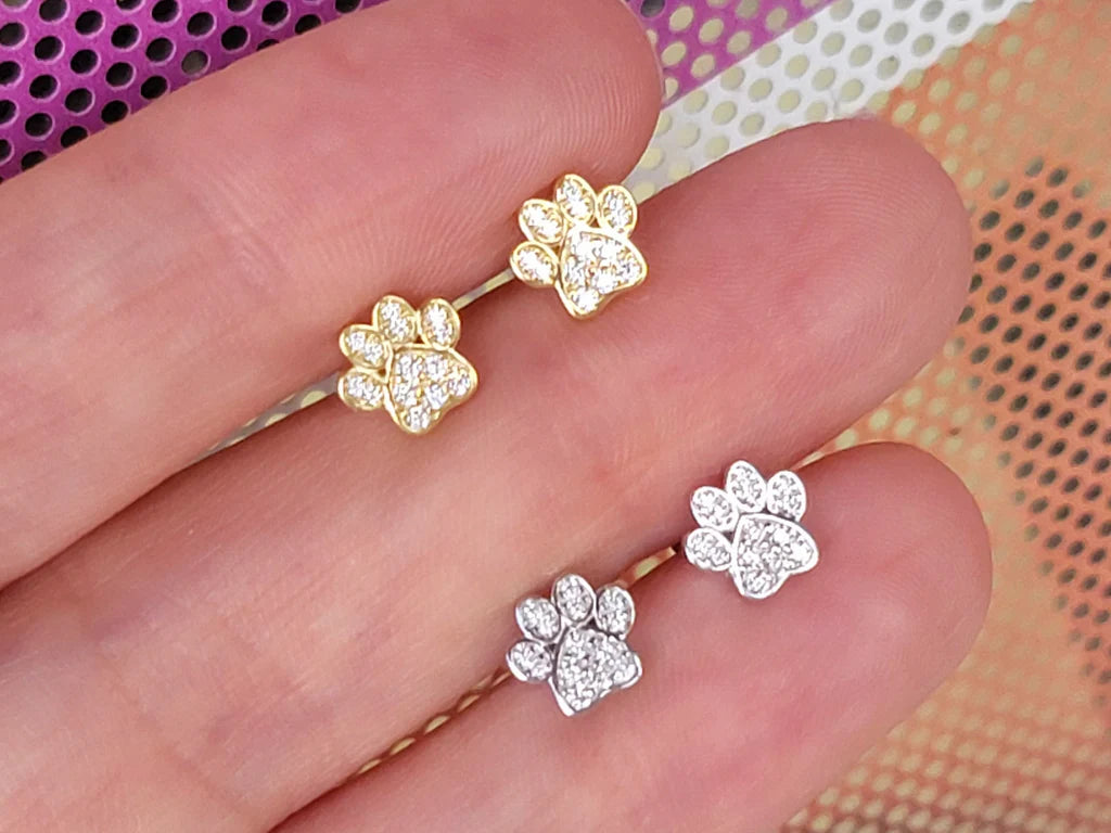 .925 Sterling silver and CZ paw stud earrings