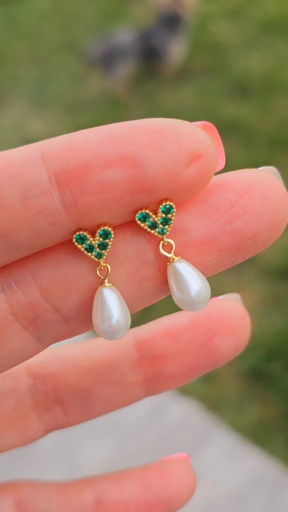 .925 sterling silver cz heart and dangling pearl earrings
