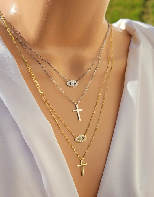 .925 sterling silver cross - evil eye double chain necklaces