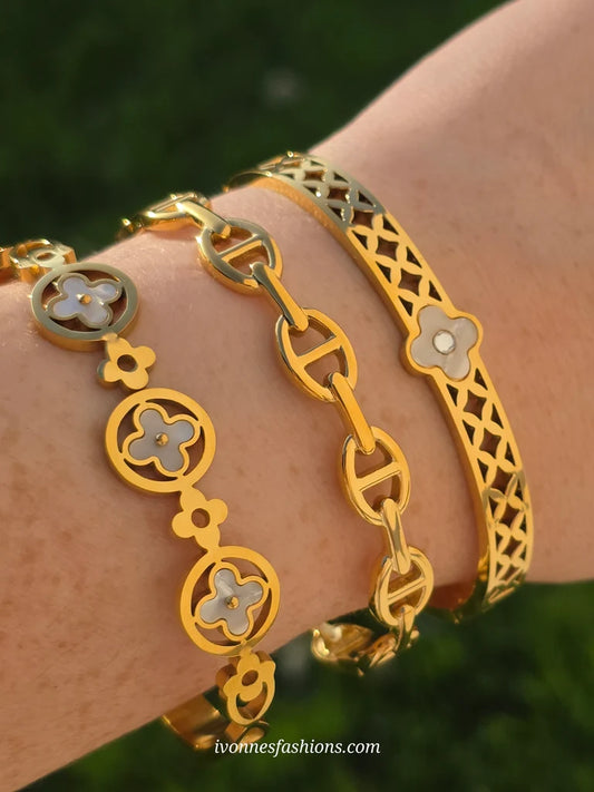 Stainless steel clover and clip bracelets