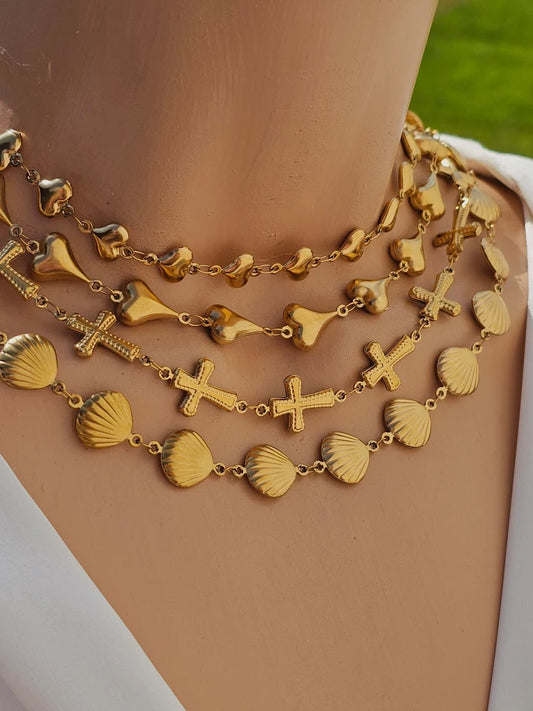 Stainless steel hearts, seashells and cross necklaces