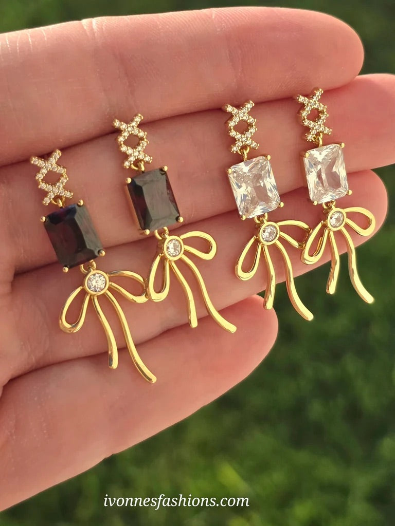 18k gold plated rectangular crystal and bow dangling earrings