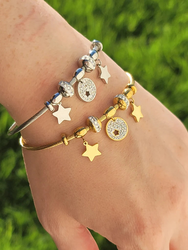 Stainless steel cz star bangle bracelets