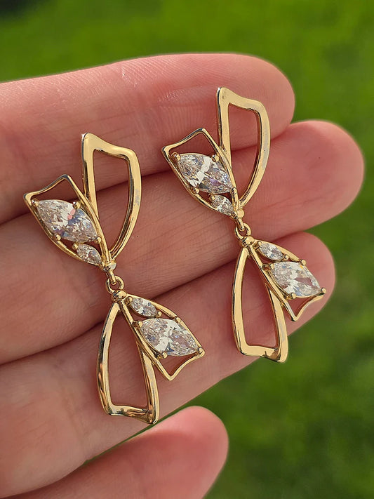 18k gold plated CZ bow dangling earrings