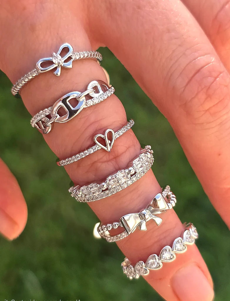 18k gold plated heart, chain, bow and CZ rings