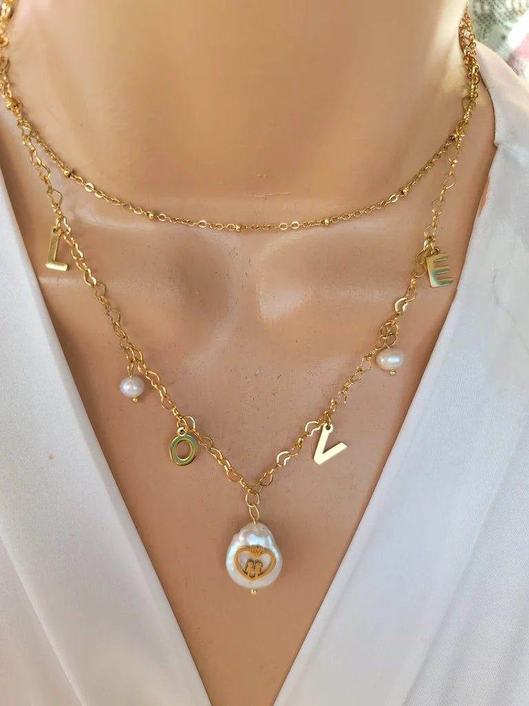 Stainless steel freshwater pearl love necklace set