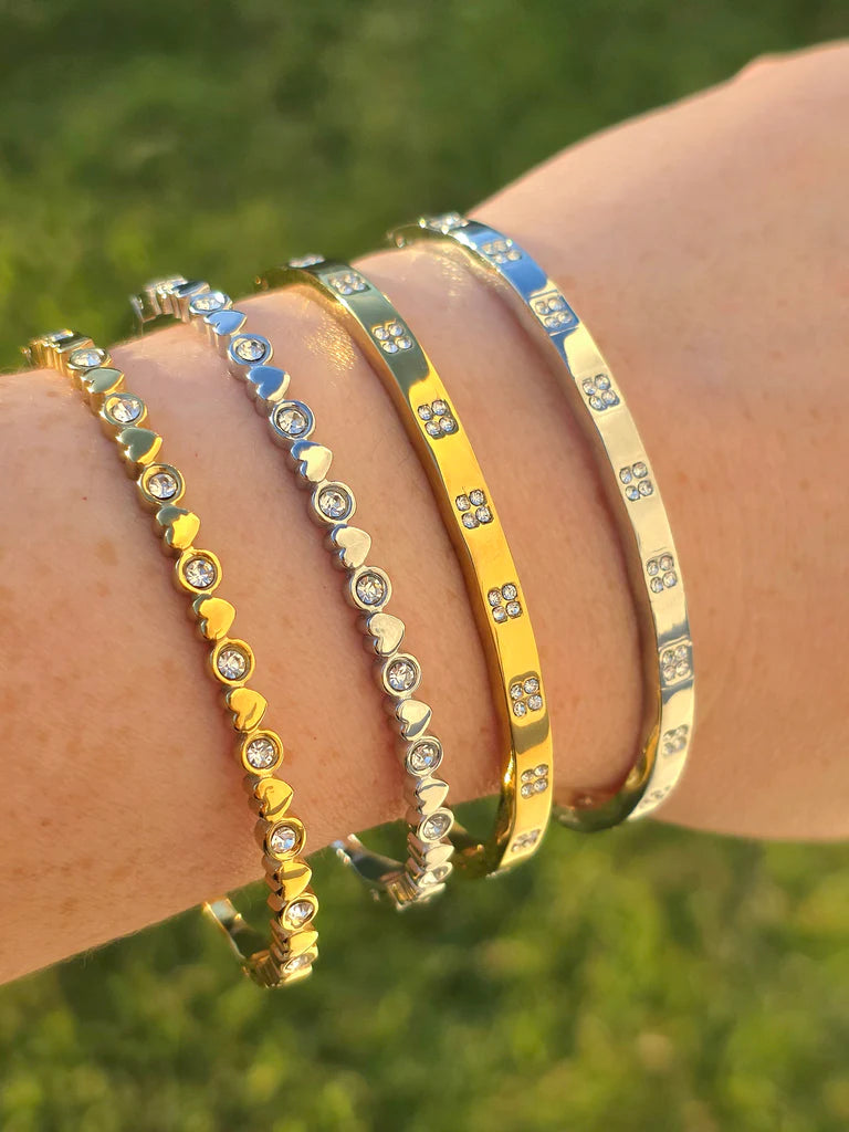 Stainless steel CZ and hearts bangle bracelets